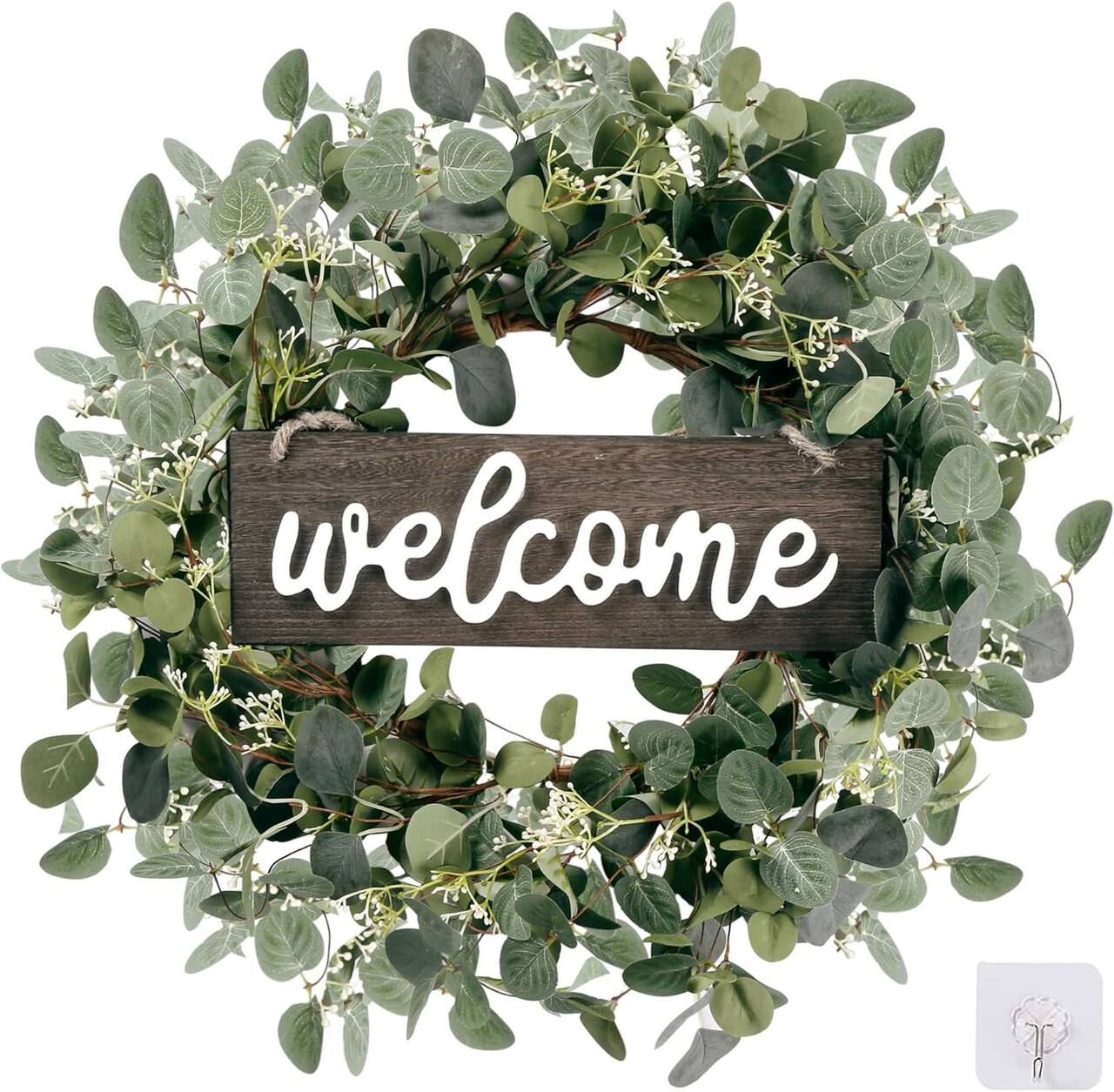 20-inch Green Eucalyptus Wreath with "Welcome" Sign – Front Door Decor